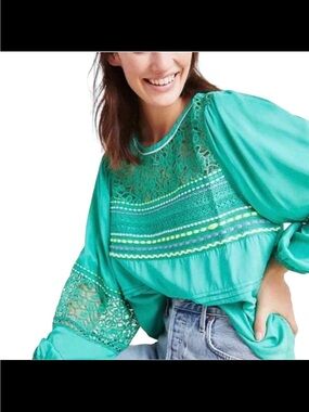 Anthropologie Teal Lace Yoke Peasant Blouse